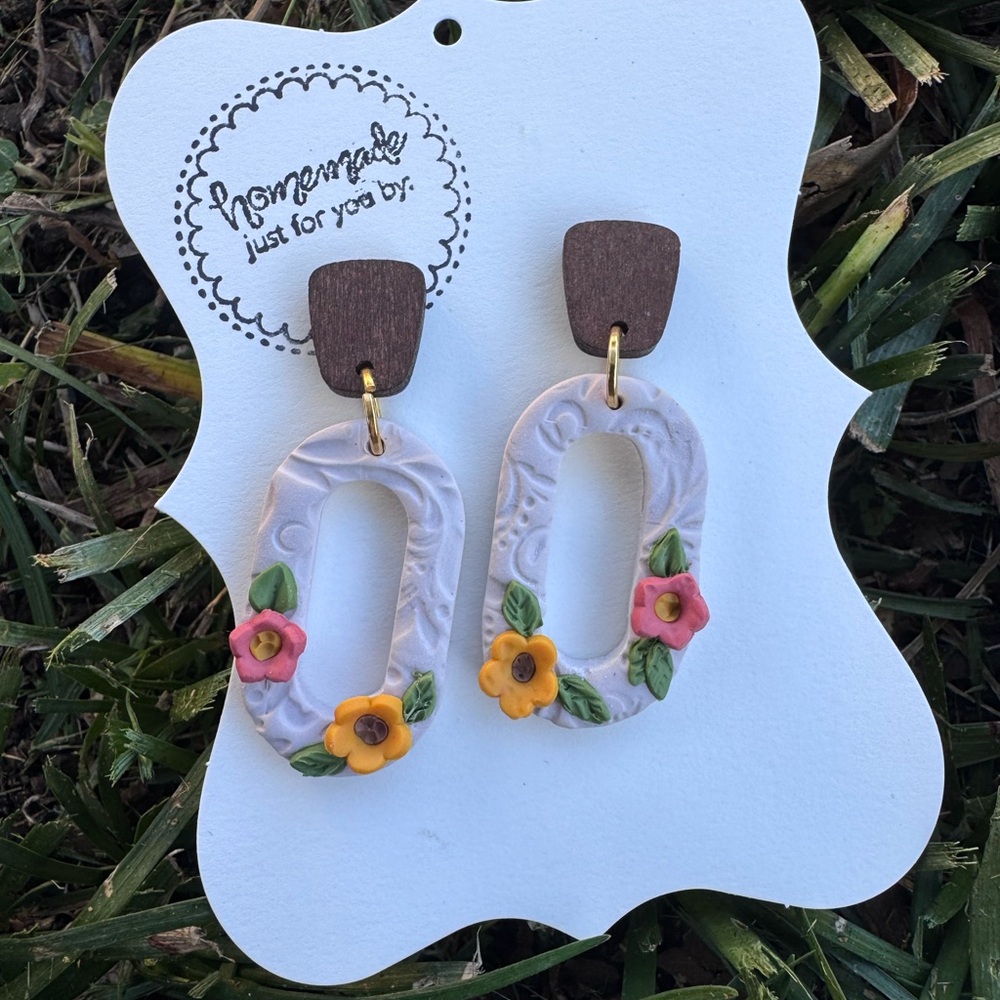 Handcrafted Floral Earrings with Wooden Accents